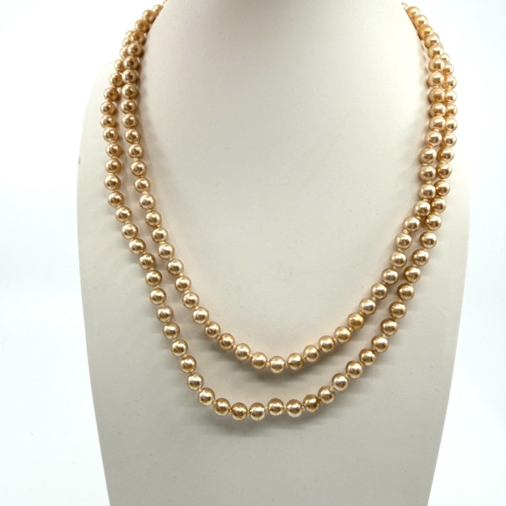 VTG Mid-Century‎ Champagne Gold Tone Strand Faux Pearl Rhinestone Clasp Necklace